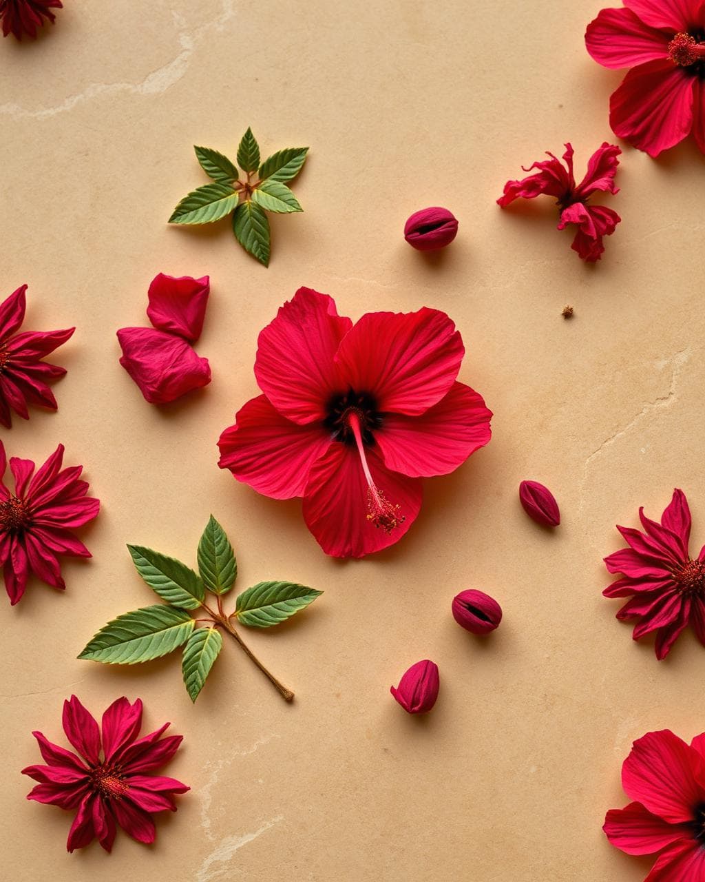Hibiscus petals on soft linen